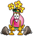 Clip Art Graphic of a Pink Vase And Yellow Flowers Cartoon Character Lifting a Heavy Barbell