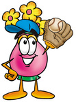 Clip Art Graphic of a Pink Vase And Yellow Flowers Cartoon Character Catching a Baseball With a Glove