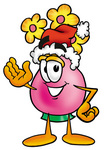 Clip Art Graphic of a Pink Vase And Yellow Flowers Cartoon Character Wearing a Santa Hat and Waving