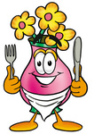 Clip Art Graphic of a Pink Vase And Yellow Flowers Cartoon Character Holding a Knife and Fork