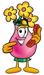 Clip Art Graphic of a Pink Vase And Yellow Flowers Cartoon Character Holding a Telephone
