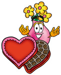 Clip Art Graphic of a Pink Vase And Yellow Flowers Cartoon Character With an Open Box of Valentines Day Chocolate Candies