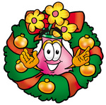 Clip Art Graphic of a Pink Vase And Yellow Flowers Cartoon Character in the Center of a Christmas Wreath