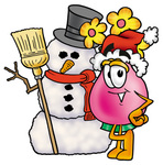 Clip Art Graphic of a Pink Vase And Yellow Flowers Cartoon Character With a Snowman on Christmas