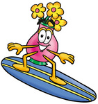 Clip Art Graphic of a Pink Vase And Yellow Flowers Cartoon Character Surfing on a Blue and Yellow Surfboard