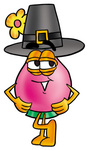 Clip Art Graphic of a Pink Vase And Yellow Flowers Cartoon Character Wearing a Pilgrim Hat on Thanksgiving