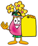 Clip Art Graphic of a Pink Vase And Yellow Flowers Cartoon Character Holding a Yellow Sales Price Tag