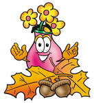 Clip Art Graphic of a Pink Vase And Yellow Flowers Cartoon Character With Autumn Leaves and Acorns in the Fall
