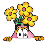 Clip Art Graphic of a Pink Vase And Yellow Flowers Cartoon Character Peeking Over a Surface
