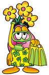 Clip Art Graphic of a Pink Vase And Yellow Flowers Cartoon Character in Green and Yellow Snorkel Gear