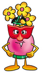 Clip Art Graphic of a Pink Vase And Yellow Flowers Cartoon Character Wearing a Red Mask Over His Face