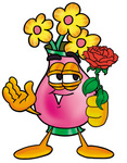 Clip Art Graphic of a Pink Vase And Yellow Flowers Cartoon Character Holding a Red Rose on Valentines Day