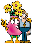 Clip Art Graphic of a Pink Vase And Yellow Flowers Cartoon Character Talking to a Business Man