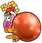 Clip Art Graphic of a Pink Vase And Yellow Flowers Cartoon Character Wearing a Santa Hat, Standing With a Christmas Bauble