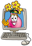 Clip Art Graphic of a Pink Vase And Yellow Flowers Cartoon Character Waving From Inside a Computer Screen