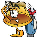 Clip Art Graphic of a Yellow Safety Hardhat Cartoon Character Swinging His Golf Club While Golfing