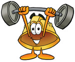Clip Art Graphic of a Yellow Safety Hardhat Cartoon Character Holding a Heavy Barbell Above His Head