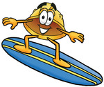 Clip Art Graphic of a Yellow Safety Hardhat Cartoon Character Surfing on a Blue and Yellow Surfboard