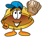 Clip Art Graphic of a Yellow Safety Hardhat Cartoon Character Catching a Baseball With a Glove