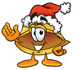 Clip Art Graphic of a Yellow Safety Hardhat Cartoon Character Wearing a Santa Hat and Waving