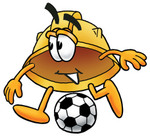 Clip Art Graphic of a Yellow Safety Hardhat Cartoon Character Kicking a Soccer Ball