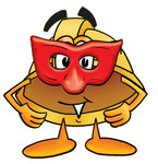 Clip Art Graphic of a Yellow Safety Hardhat Cartoon Character Wearing a Red Mask Over His Face
