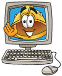 Clip Art Graphic of a Yellow Safety Hardhat Cartoon Character Waving From Inside a Computer Screen