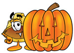 Clip Art Graphic of a Yellow Safety Hardhat Cartoon Character With a Carved Halloween Pumpkin