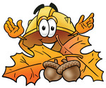 Clip Art Graphic of a Yellow Safety Hardhat Cartoon Character With Autumn Leaves and Acorns in the Fall
