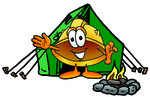 Clip Art Graphic of a Yellow Safety Hardhat Cartoon Character Camping With a Tent and Fire