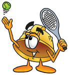 Clip Art Graphic of a Yellow Safety Hardhat Cartoon Character Preparing to Hit a Tennis Ball