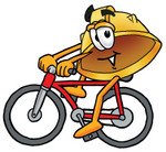 Clip Art Graphic of a Yellow Safety Hardhat Cartoon Character Riding a Bicycle