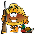 Clip Art Graphic of a Yellow Safety Hardhat Cartoon Character Duck Hunting, Standing With a Rifle and Duck