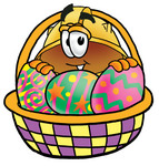 Clip Art Graphic of a Yellow Safety Hardhat Cartoon Character in an Easter Basket Full of Decorated Easter Eggs