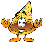 Clip Art Graphic of a Yellow Safety Hardhat Cartoon Character Wearing a Birthday Party Hat