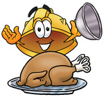 Clip Art Graphic of a Yellow Safety Hardhat Cartoon Character Serving a Thanksgiving Turkey on a Platter