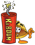 Clip Art Graphic of a Yellow Safety Hardhat Cartoon Character Standing With a Lit Stick of Dynamite