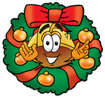Clip Art Graphic of a Yellow Safety Hardhat Cartoon Character in the Center of a Christmas Wreath