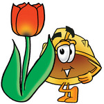 Clip Art Graphic of a Yellow Safety Hardhat Cartoon Character With a Red Tulip Flower in the Spring