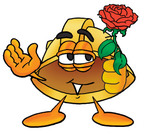 Clip Art Graphic of a Yellow Safety Hardhat Cartoon Character Holding a Red Rose on Valentines Day