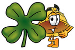 Clip Art Graphic of a Yellow Safety Hardhat Cartoon Character With a Green Four Leaf Clover on St Paddy’s or St Patricks Day