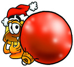 Clip Art Graphic of a Yellow Safety Hardhat Cartoon Character Wearing a Santa Hat, Standing With a Christmas Bauble