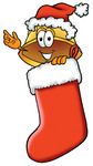 Clip Art Graphic of a Yellow Safety Hardhat Cartoon Character Wearing a Santa Hat Inside a Red Christmas Stocking