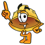 Clip Art Graphic of a Yellow Safety Hardhat Cartoon Character Pointing Upwards