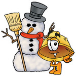 Clip Art Graphic of a Yellow Safety Hardhat Cartoon Character With a Snowman on Christmas