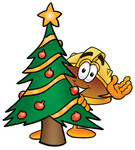 Clip Art Graphic of a Yellow Safety Hardhat Cartoon Character Waving and Standing by a Decorated Christmas Tree