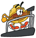 Clip Art Graphic of a Yellow Safety Hardhat Cartoon Character Walking on a Treadmill in a Fitness Gym