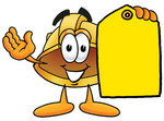 Clip Art Graphic of a Yellow Safety Hardhat Cartoon Character Holding a Yellow Sales Price Tag