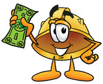 Clip Art Graphic of a Yellow Safety Hardhat Cartoon Character Holding a Dollar Bill