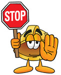 Clip Art Graphic of a Yellow Safety Hardhat Cartoon Character Holding a Stop Sign